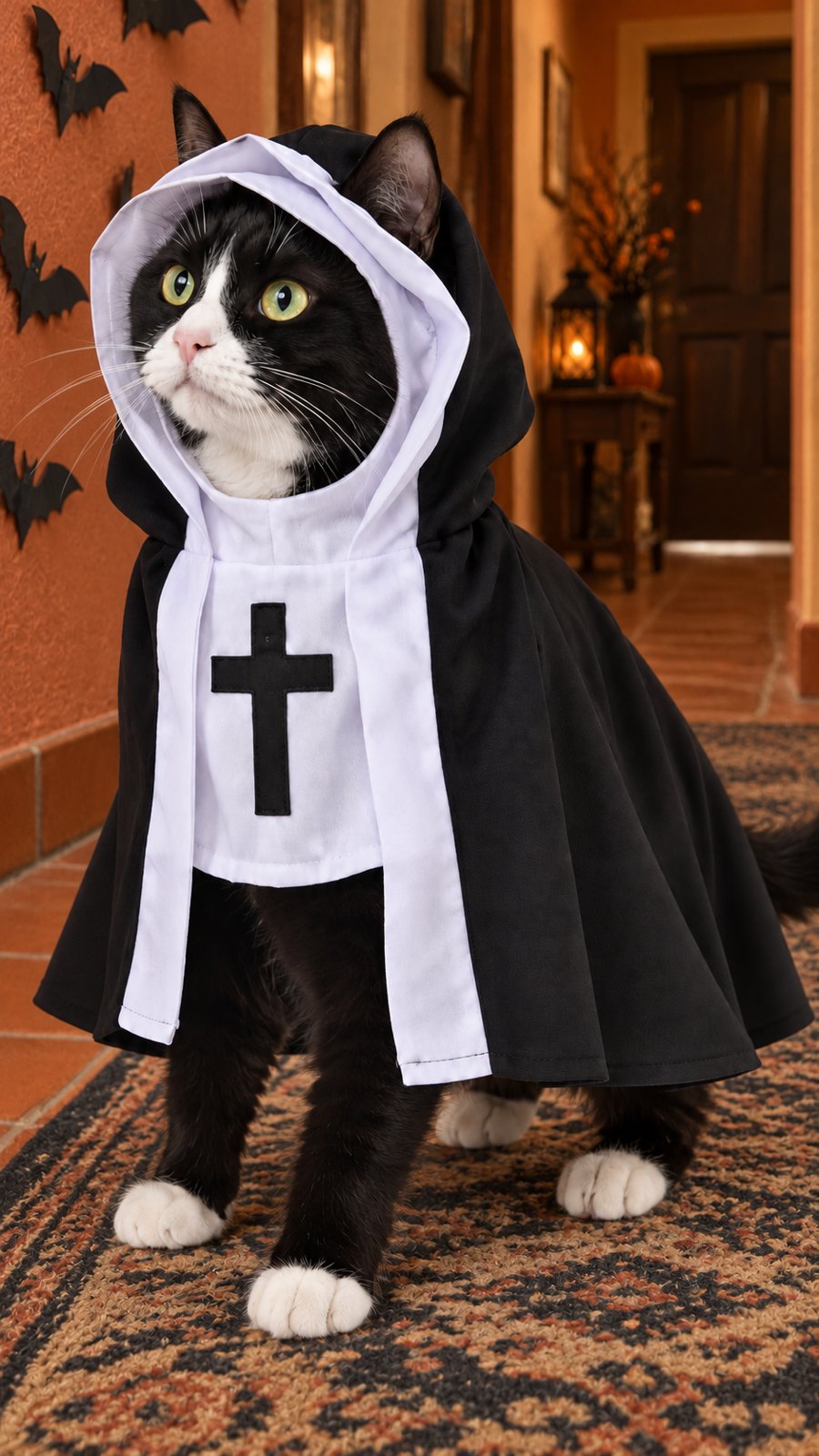 PawsterPets Halloween cat costume — a narrow terracotta hallway, black paper bats on wall, patterned runner