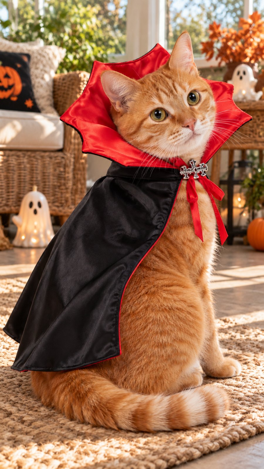 PawsterPets Halloween cat costume — a sunny conservatory with wicker furniture and tiny Halloween ghost ornaments