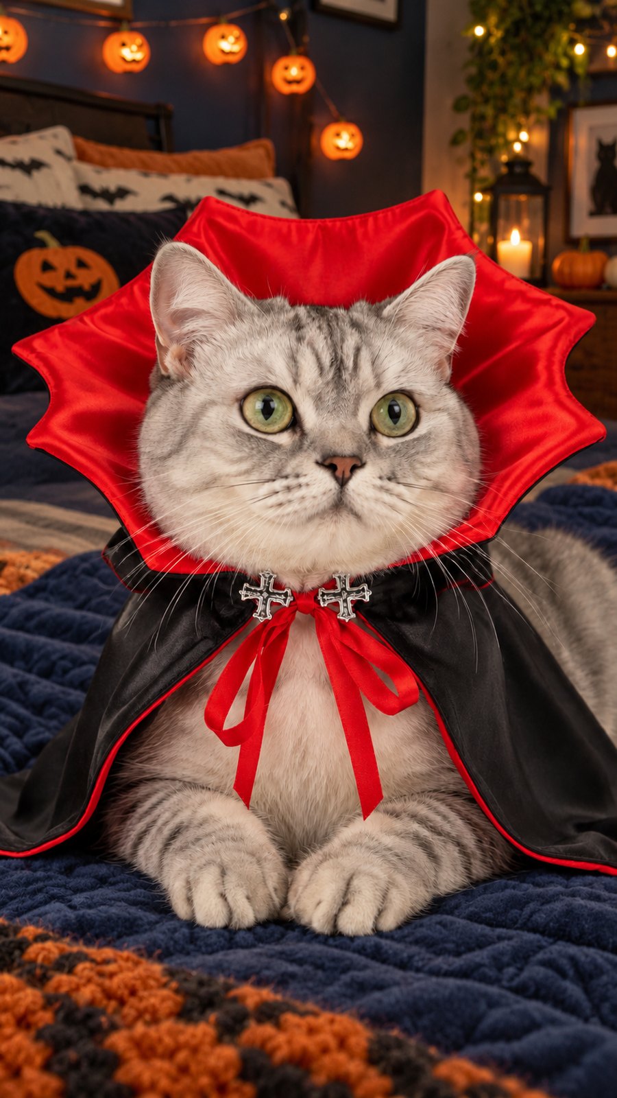 PawsterPets Halloween cat costume — a cozy navy bedroom with quilt and pumpkin fairy lights