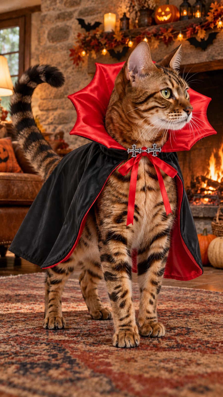 PawsterPets Halloween cat costume — an old stone cottage sitting room with fireplace and Halloween garland