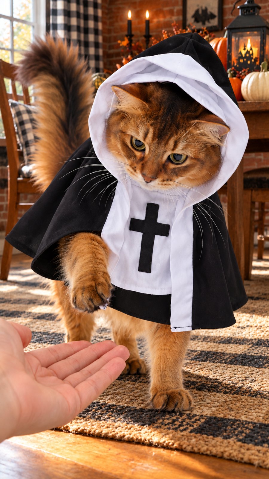 PawsterPets Halloween cat costume — a red-brick townhouse dining nook with checked curtains and Halloween centerpiece