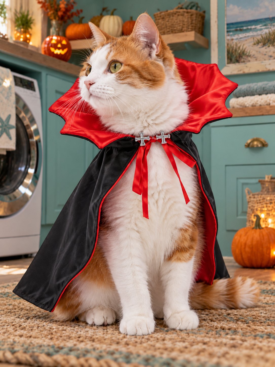 PawsterPets Halloween cat costume — a coastal home's teal laundry room, wooden shelf with pumpkin decorations