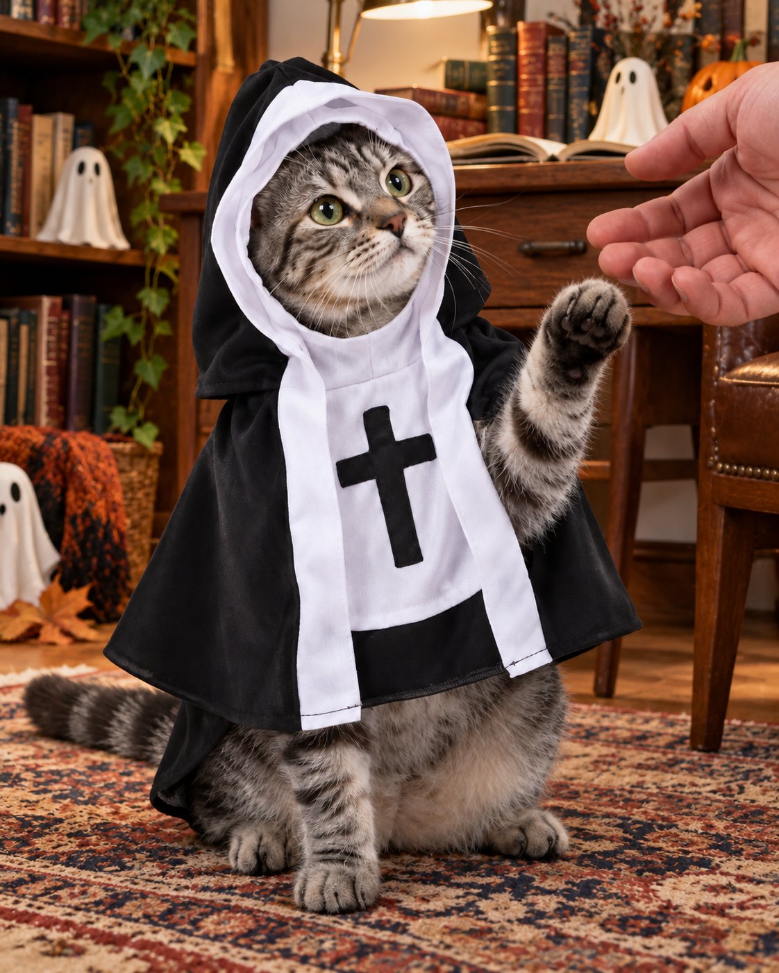 PawsterPets Halloween cat costume — a mid-century home study with books, walnut desk and paper ghosts