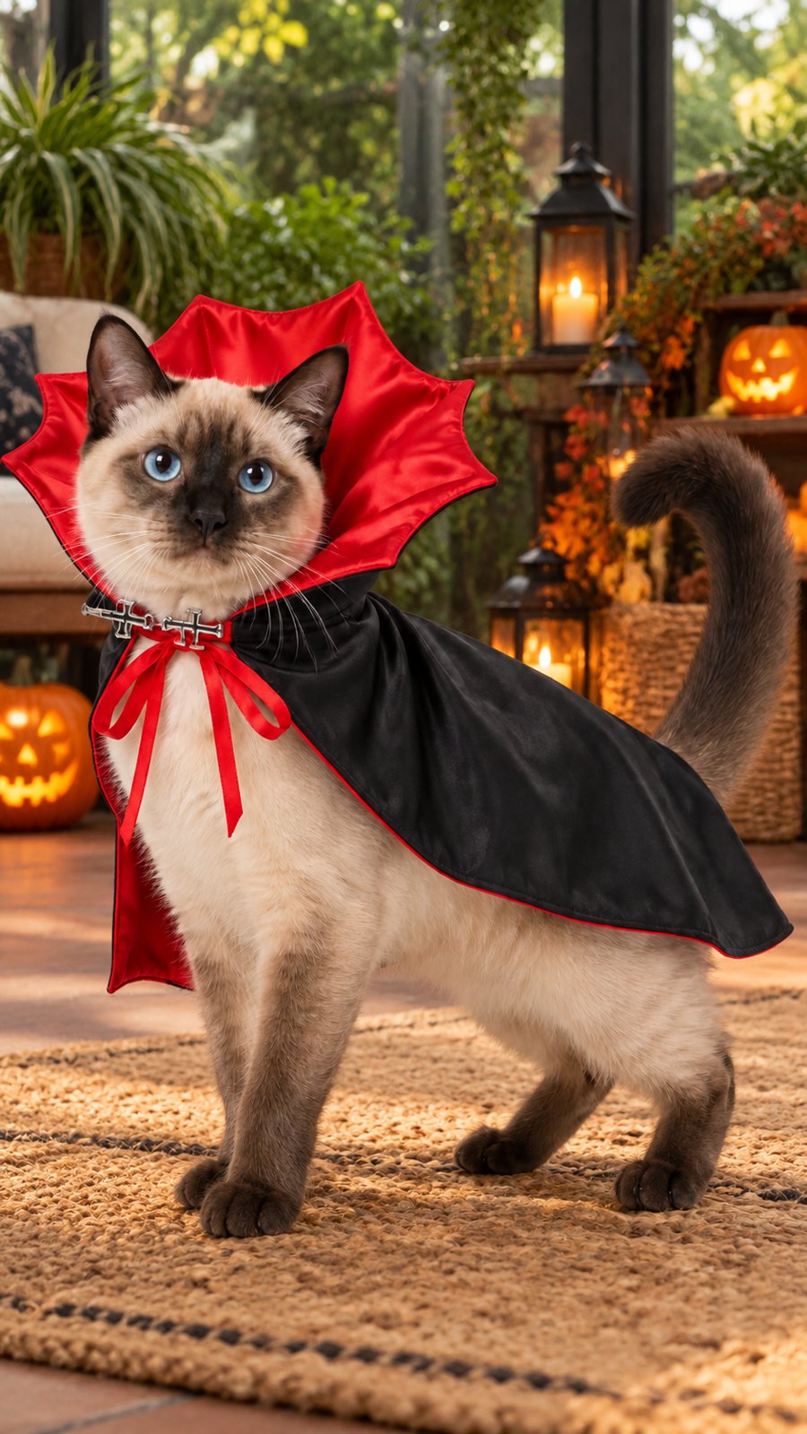 PawsterPets Halloween cat costume — an enclosed garden room with green plants, warm Halloween lanterns