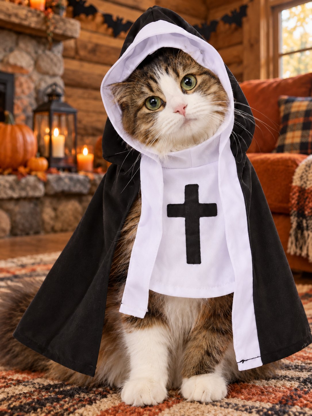 PawsterPets Halloween cat costume — a rustic cabin lounge with timber walls, orange cushions and felt bat garland