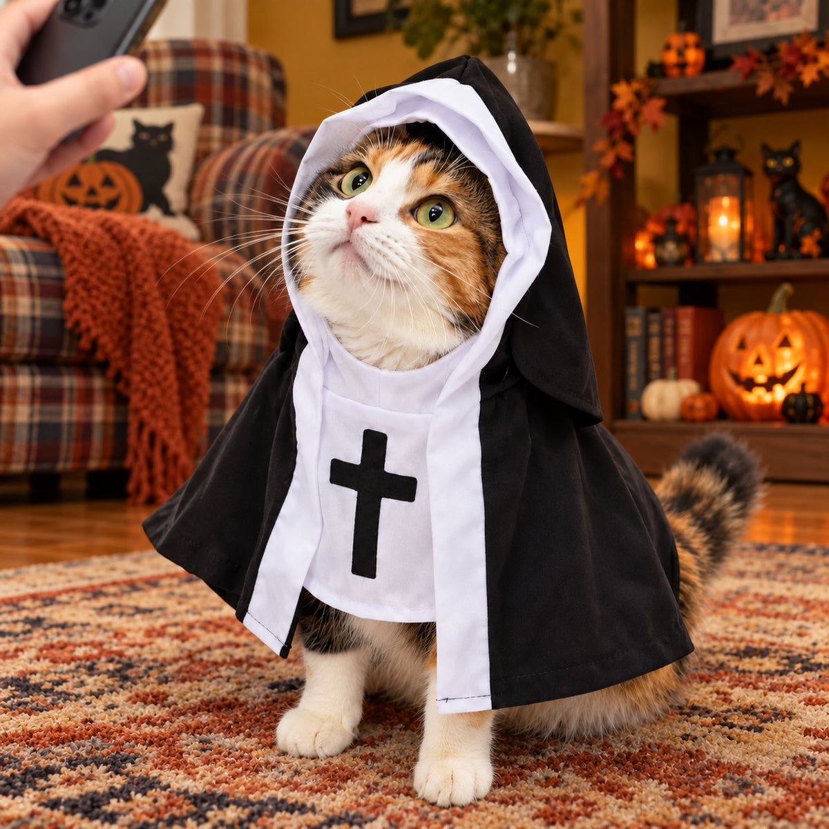 PawsterPets Halloween cat costume — a mustard-yellow family den with plaid chair and Halloween shelf display