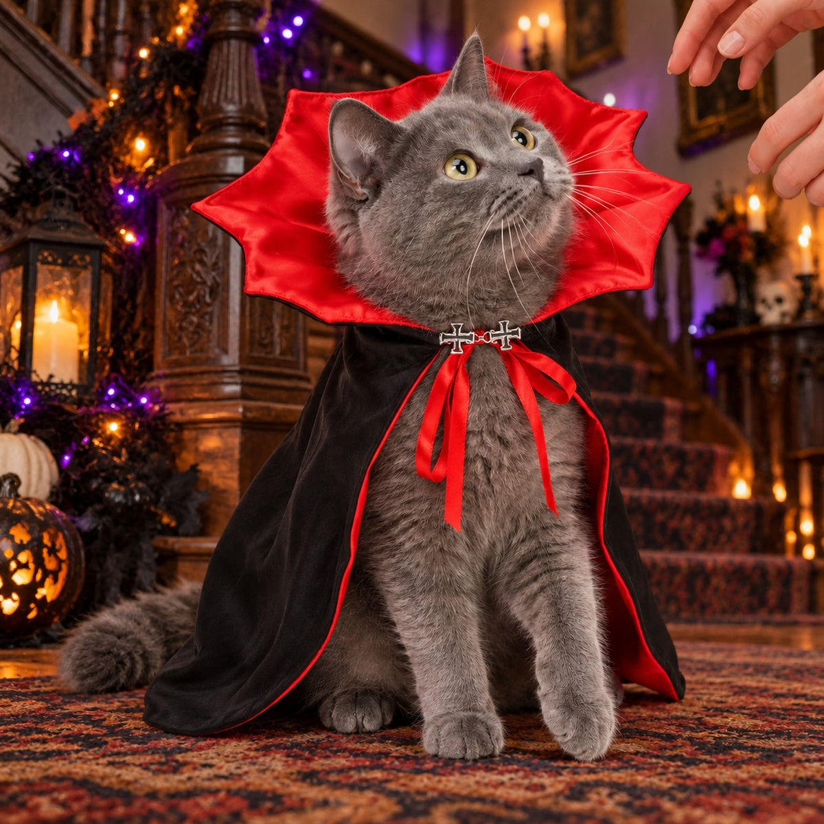 PawsterPets Halloween cat costume — a Victorian foyer with carved staircase, spooky lanterns and purple lights