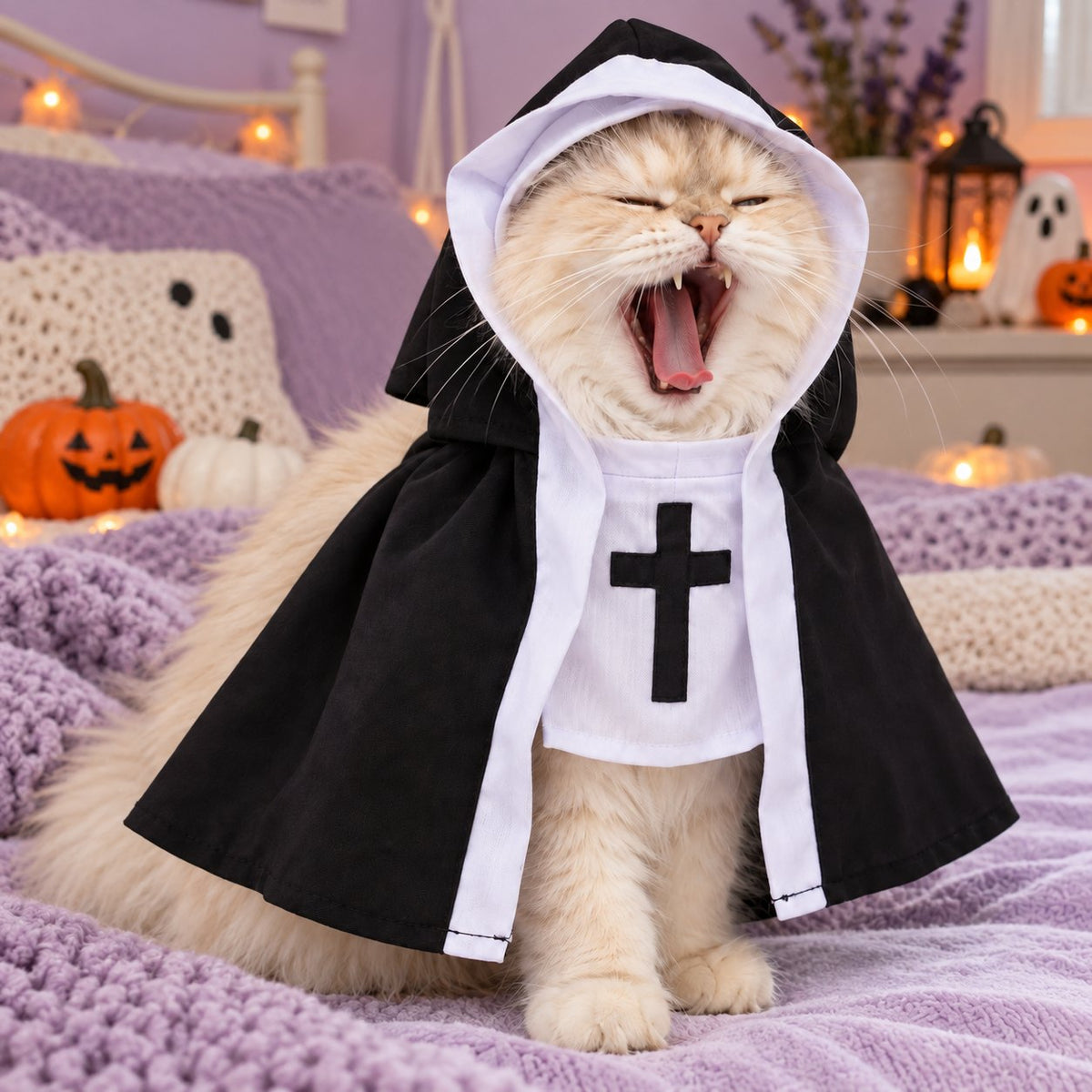 PawsterPets Halloween cat costume — a pale lavender bedroom with knit blanket and tiny pumpkin ornaments