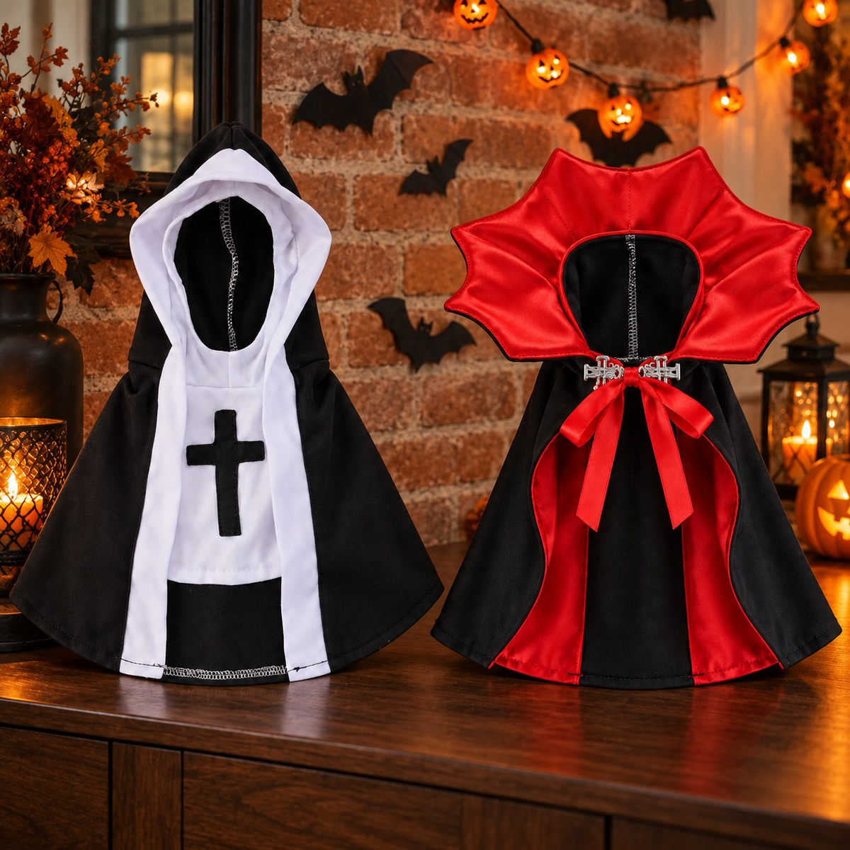 PawsterPets Halloween cat costume — two garments side by side supported on a walnut console in a brick-walled Halloween entry, paper bats, orange string lights