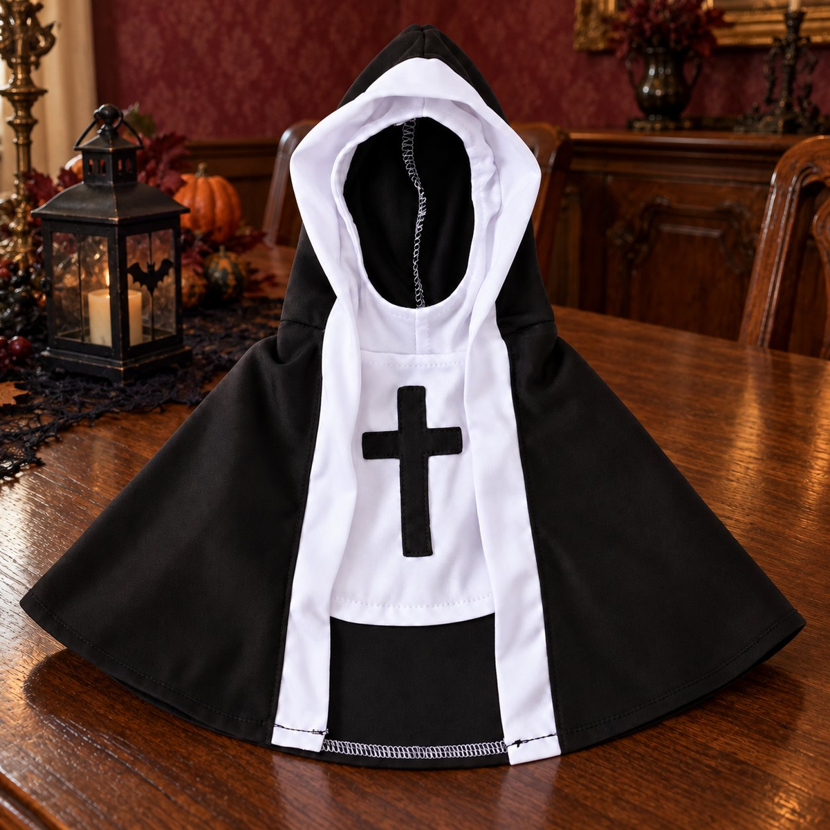 PawsterPets Halloween cat costume — garment neatly displayed on a dark oak dining table in a vintage dining room, burgundy wallpaper, small unlit Halloween lantern