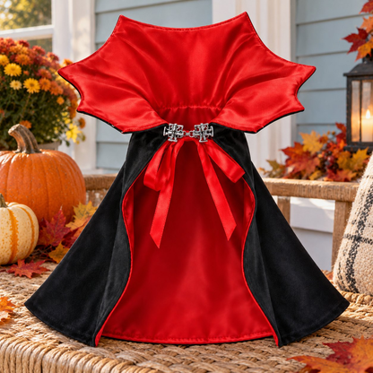 PawsterPets Halloween cat costume — garment arranged on a woven bench in a covered porch with pumpkins, pale blue clapboard and autumn leaves