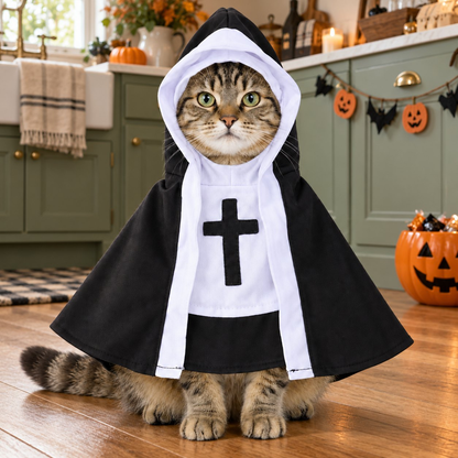PawsterPets Halloween cat costume — cat in a sage green farmhouse kitchen on wooden floor with subtle Halloween bunting and pumpkin bowl