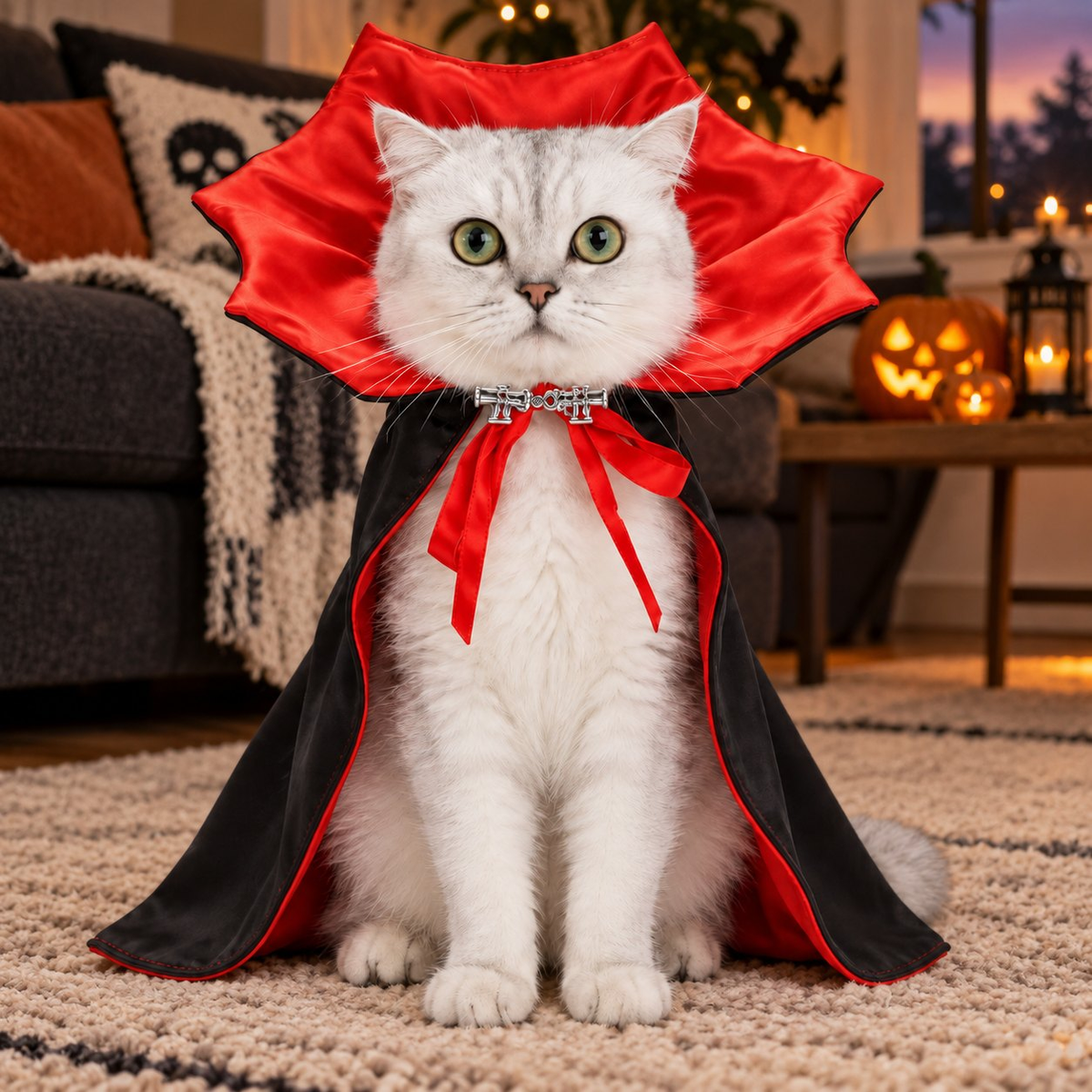 PawsterPets Halloween cat costume — cat on oatmeal rug in a modern living room with charcoal couch, distant jack-o-lanterns and dusk window